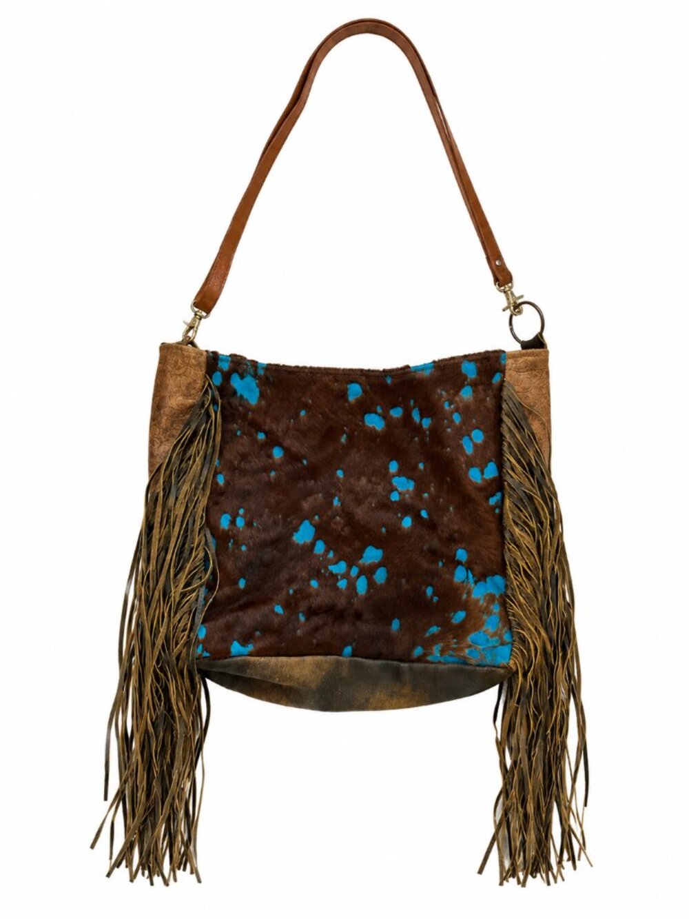 Western Turquoise Cowhide Fringe Large Boho Shoulder Bag